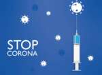 Stop Corona - Schriftzug, Spritze und Coronaviren