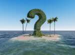 Fragezeichen auf kleiner Insel zwischen Palmen