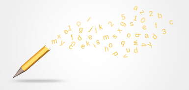 Gelber Bleistift mit Buchstaben und Zahlen