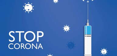 Stop Corona - Schriftzug, Spritze und Coronaviren